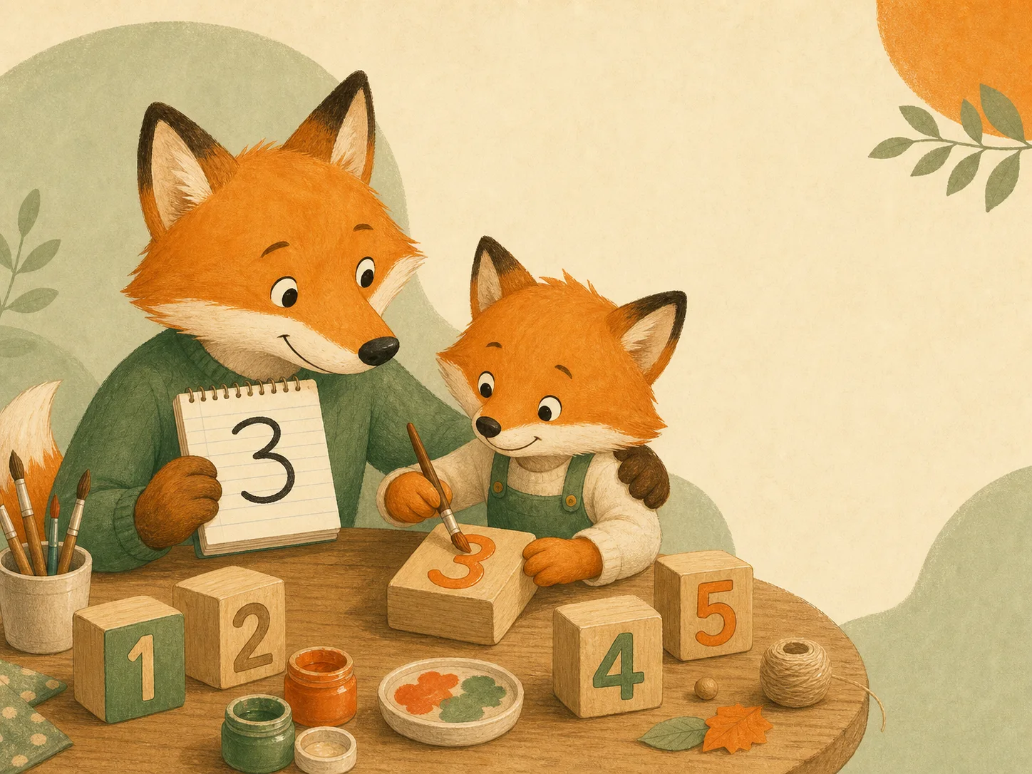 A grown-up fox helps a young fox paint a handmade number block