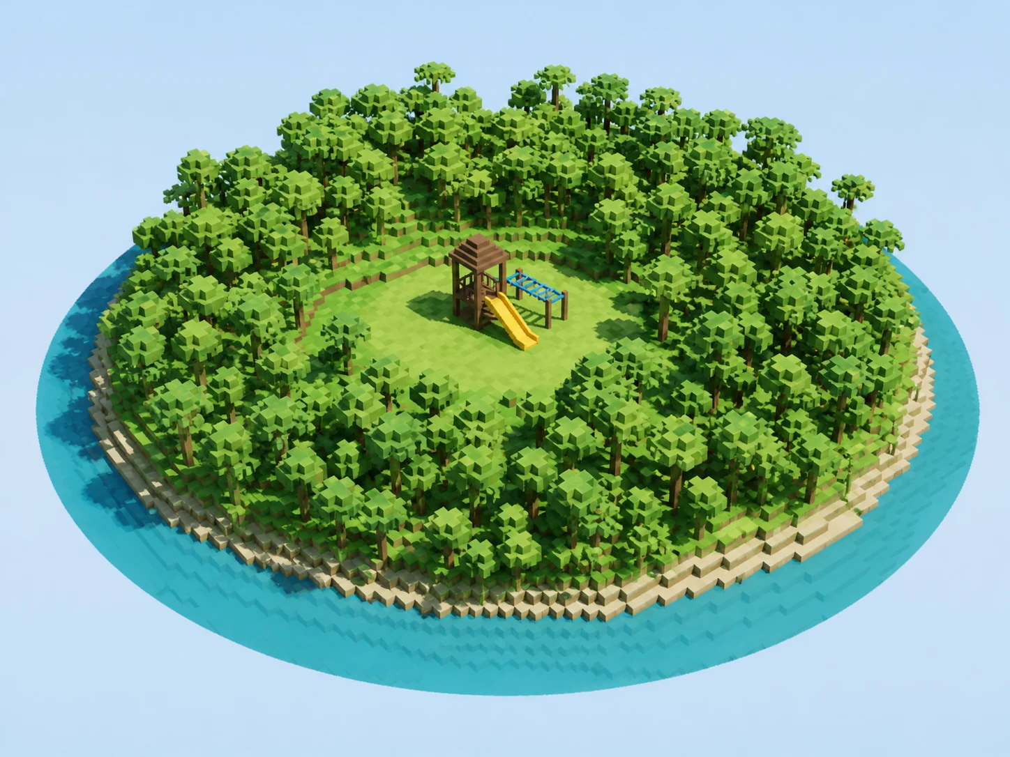 A voxel forest island with a playground in its grassy clearing