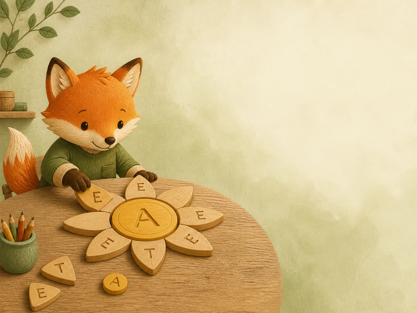 A young fox arranging wooden letter rays around a golden sun